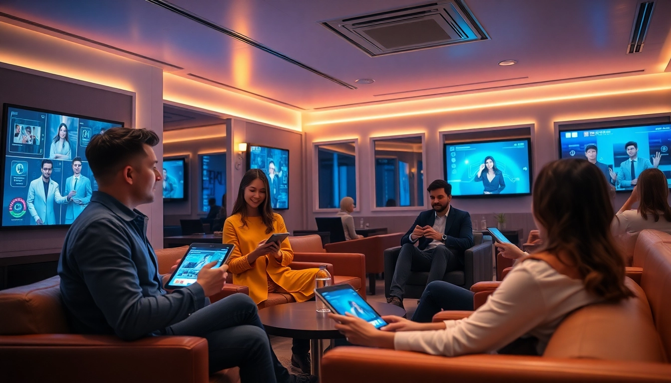 Adults engaging with AI companions in a sleek, modern lounge setting highlighting 18+ ai features.