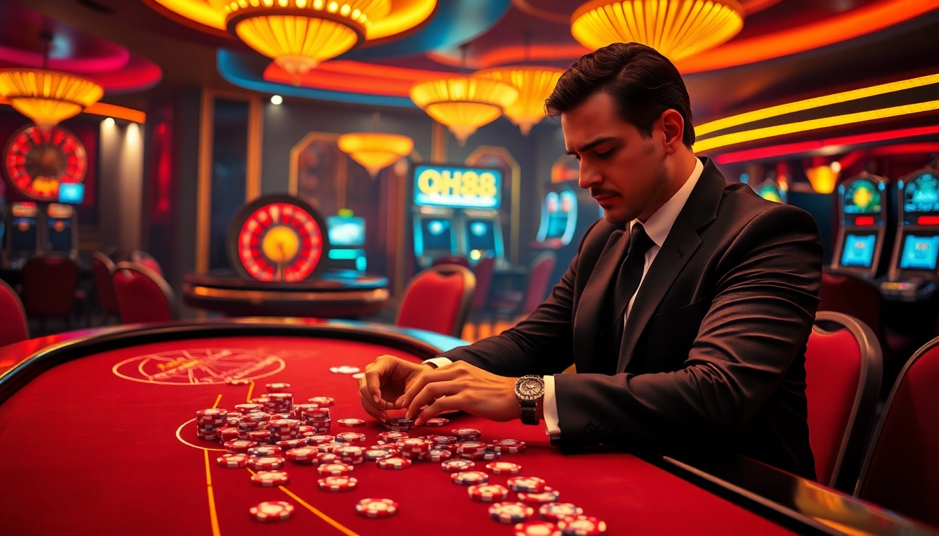 Experience the thrill of qh88 at a luxurious casino table with vibrant gamblers and exciting games.