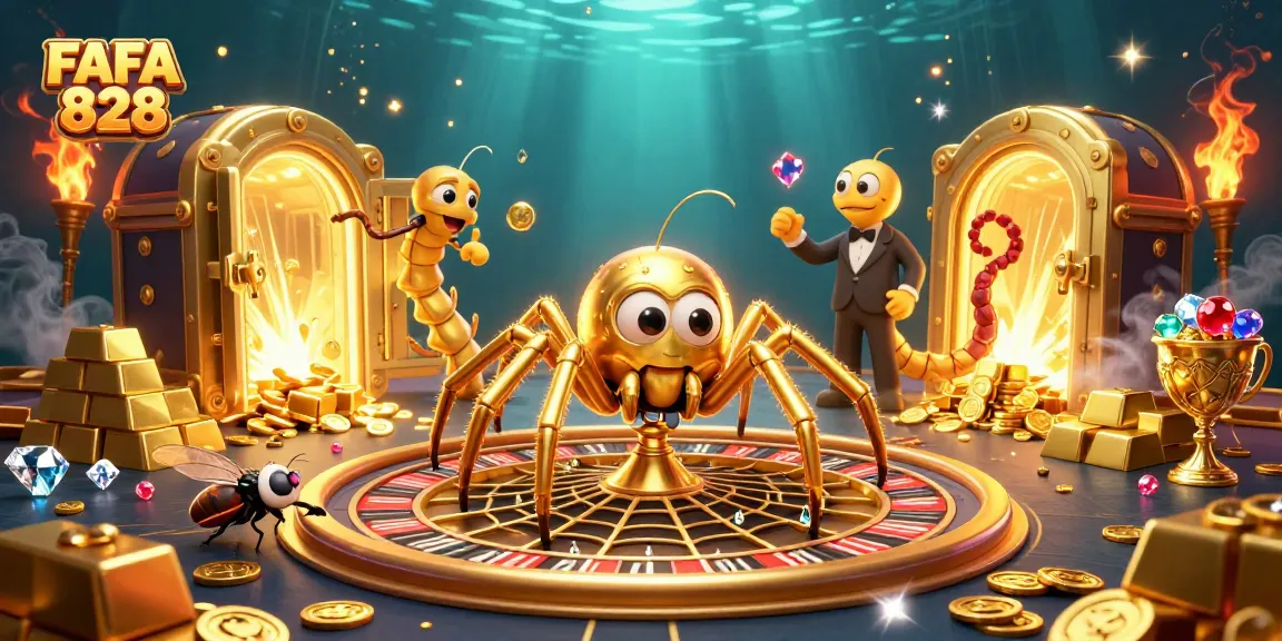 Experience the thrill of FAFA 828 as a golden spider spins a roulette wheel in a rich casino scene.